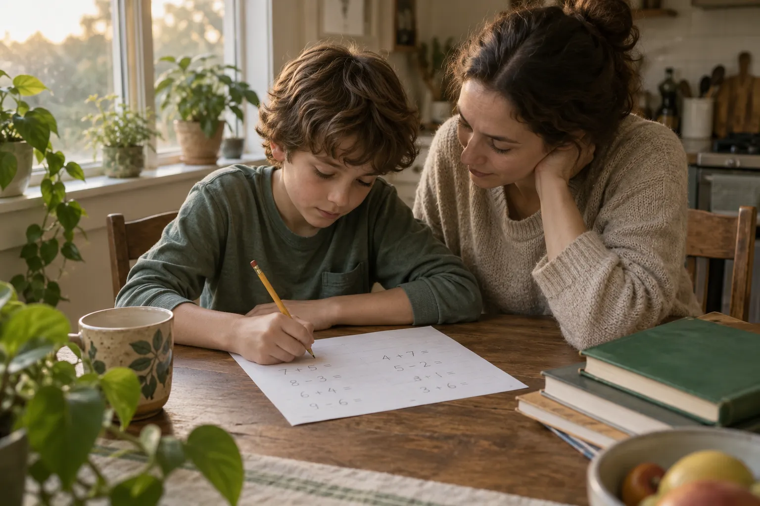 A parent and child looking over a math worksheet together at a kitchen table
