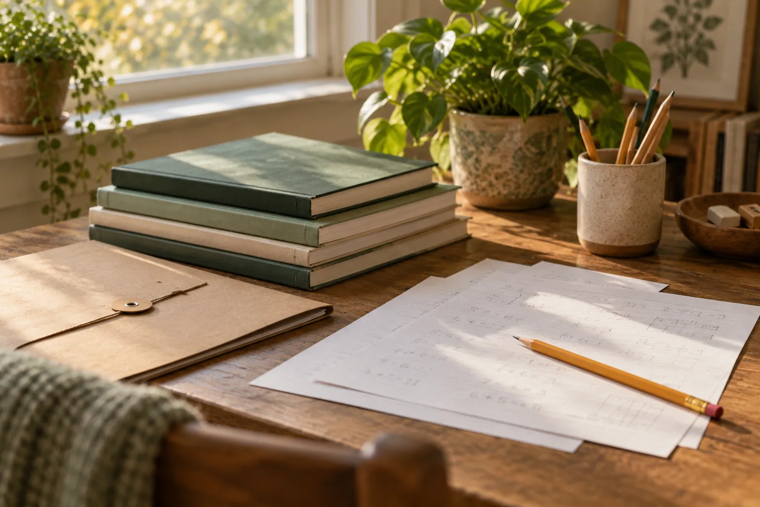 Workbooks and a portfolio folder on a wooden desk by a window